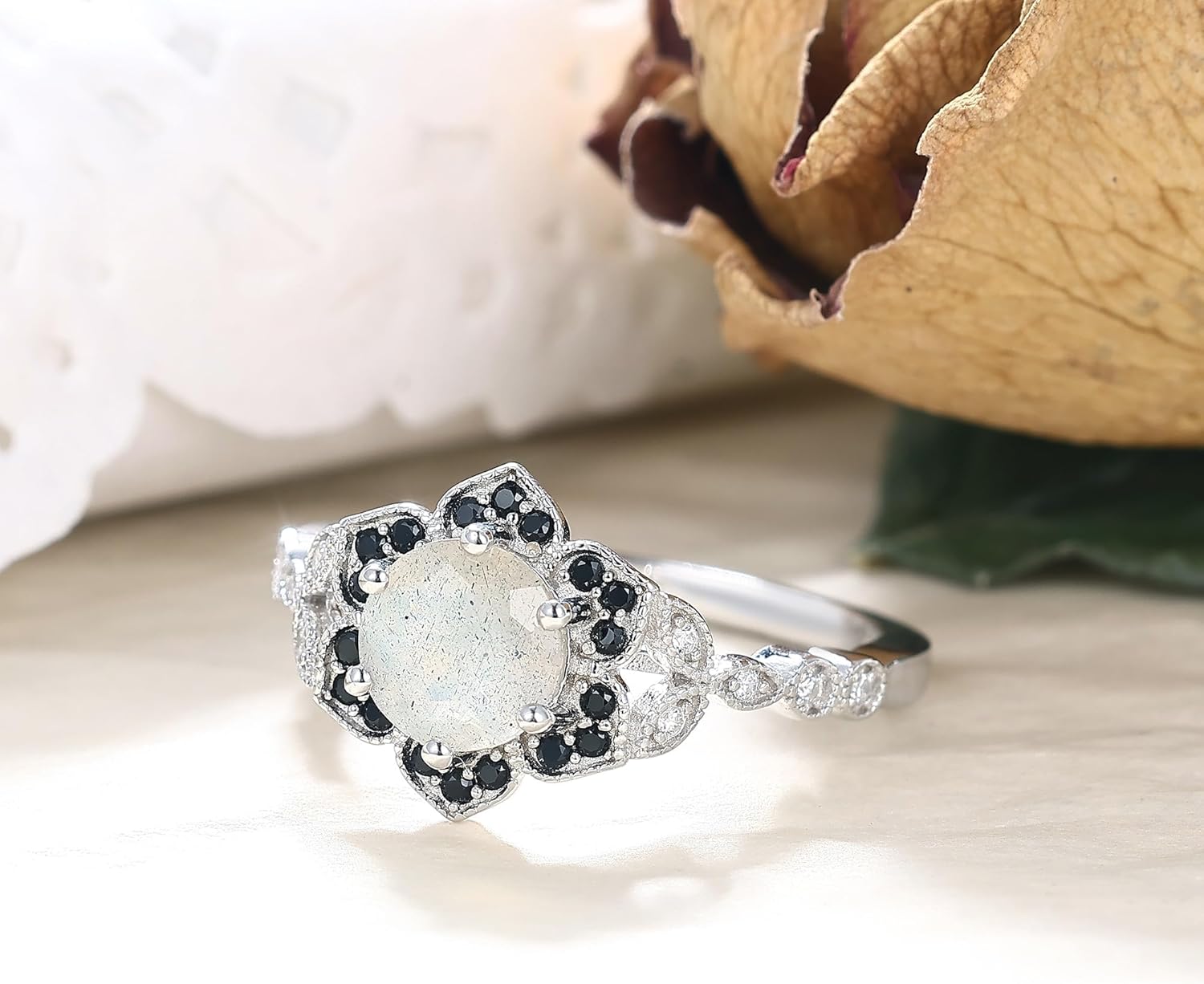 Bridal Engagement Wedding Rings for Women Round Natural Black Rutilated Quartz/Blue Topaz/Amethyst/Labradorite/Herkimer Diamond 6.5mm Victorian 925 Sterling Silver Promise Ring for Her Size 4-9