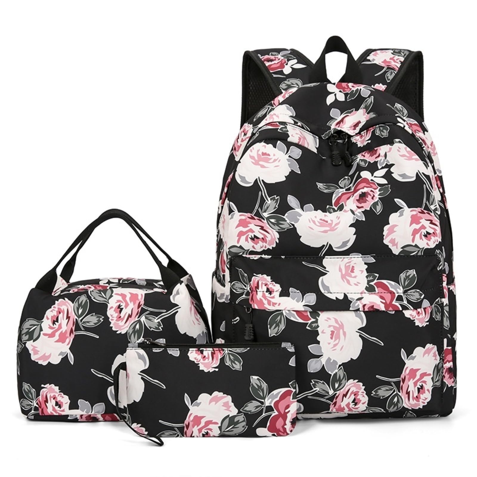 Zaino da Viaggio Rosa Floreale 3-in-1 Set per Scuola Resistente all'Acqua con Borsa A Pranzo E Custodia Matita Ragazze