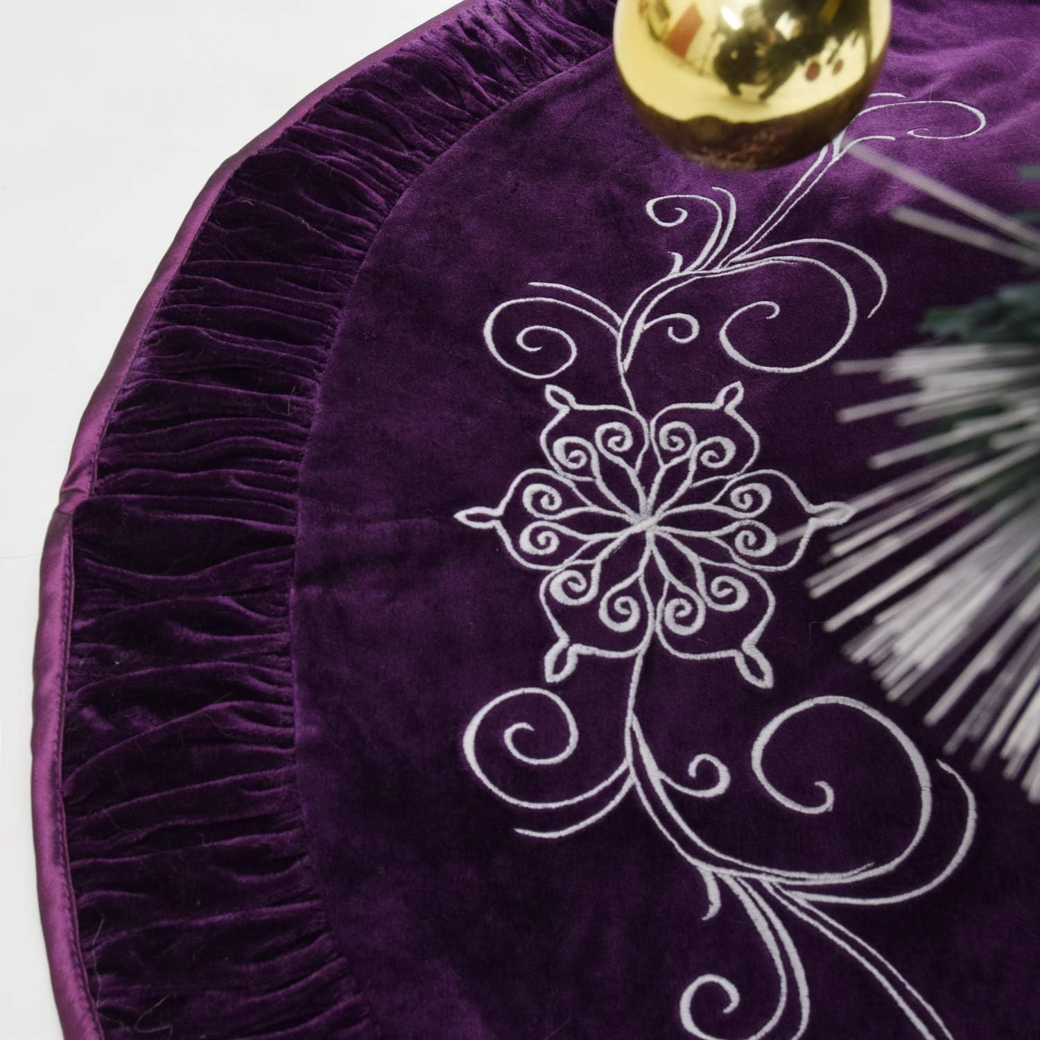 Gireshome Purple Velvet Flower Embroidered Center, Pleat Luxurious Velvet Border,Chritmas Tree Skirt, Xmas Christmas Holiday Party Decorations - 36inch