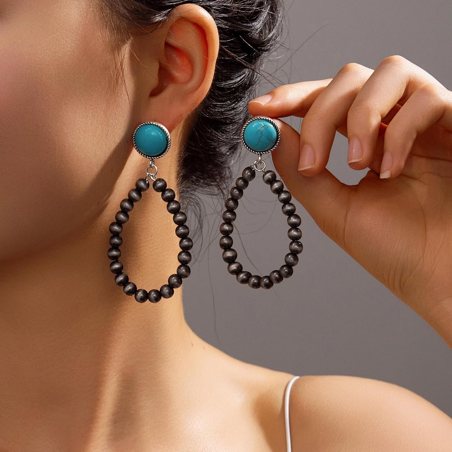 Navajo Pearls Earrings for Women Handmade Boho Turquoise Dangle Earrings Vintage Country Jewelry Western Cowgirl Accessories Gifts - Image 2