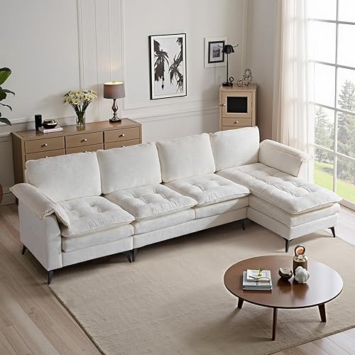 VINGLI 129'' Reversible Sectional Couches for Living Room,L-Shaped Couch Sofa Set with Chaise,Comfy Cloud Couches in Lattice Decored Seat Cushion with Double Pads, Creamy-White
