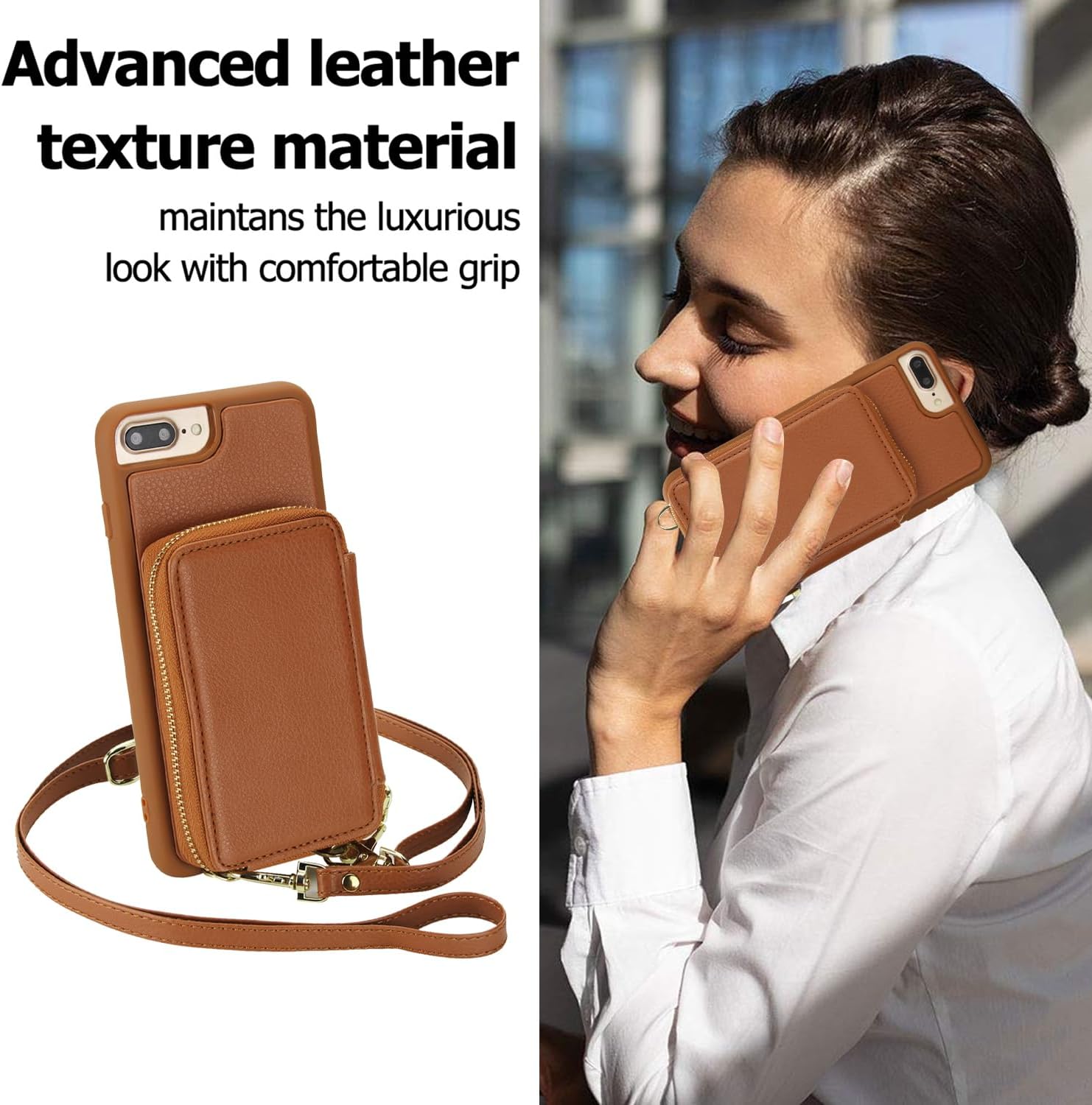 Phone Case for iPhone 6plus 6splus 7plus 8plus i 6/6s/7/8 Plus Wallet Cell Cover with Screen Protector Crossbody Strap RFID Blocking Card Holder iPhone6splus i Phone7s 7s 7+ 8s 8+ Phones8 Women Brown
