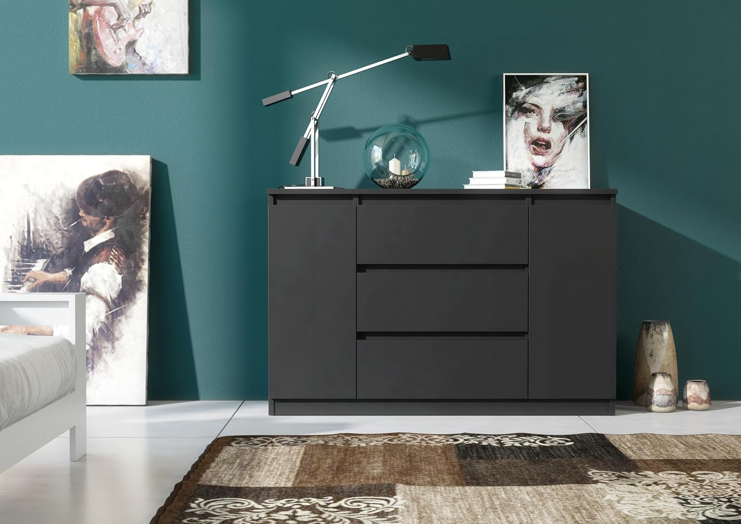 meble masztalerz Komoda Czarna Matowa z 3 szufladami i 2 drzwiami - 120,4x78,2x39 cm - Komoda do salonu, sypialni - Szafka z szufladami - Komoda z szufladami | Szafa komodowa 120, 4 x 78, 2 x 39 cm, nowoczesna szafa z szufladami, kredens do salonu, przedp