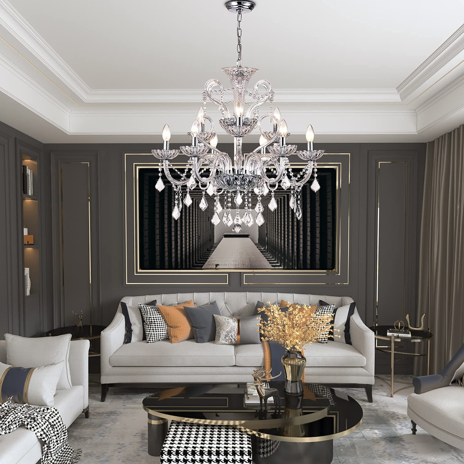 Maxax Candle Crystal Chandelier 9 Lights K9 Modern Luxurious Ceiling Lighting Fixture, Chrome Frame Elegant Pendant Light for Dining Room, Living Room, Kitchen