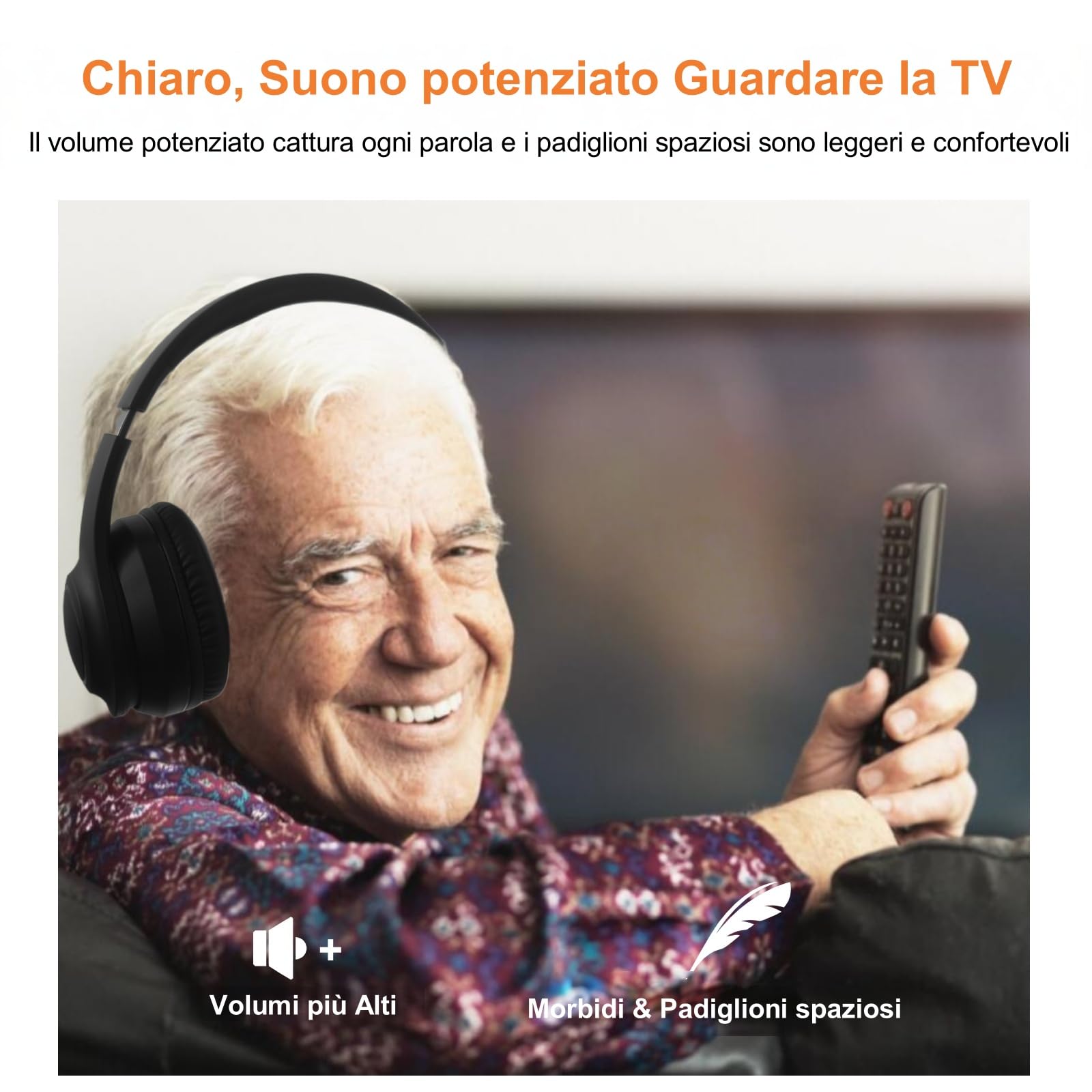 Cuffie TV Wireless con ANC Ibrido per Anziani, Trasmettitore 5-in-1 (Ottico/Coassiale/RCA/USB/AUX), Nessun Ritardo Audio, Voce Chiara, Compatibili con TV/PC