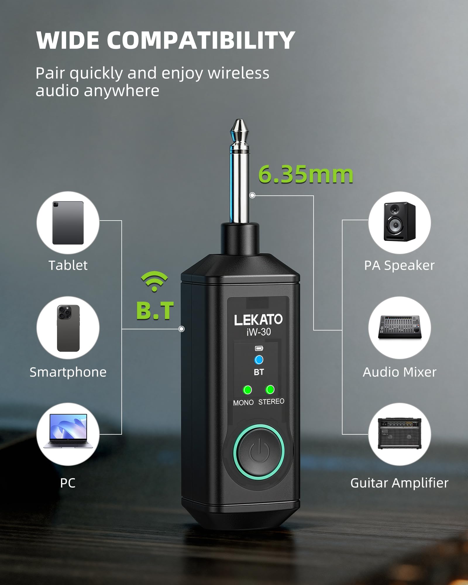 LEKATO iW-30 - Receptor Bluetooth de 6,35 mm, 2 receptores de alta fidelidad con rango de 50 m, receptor de audio inalámbrico estéreo con tiempo de reproducción de 15 horas, modo mono/estéreo