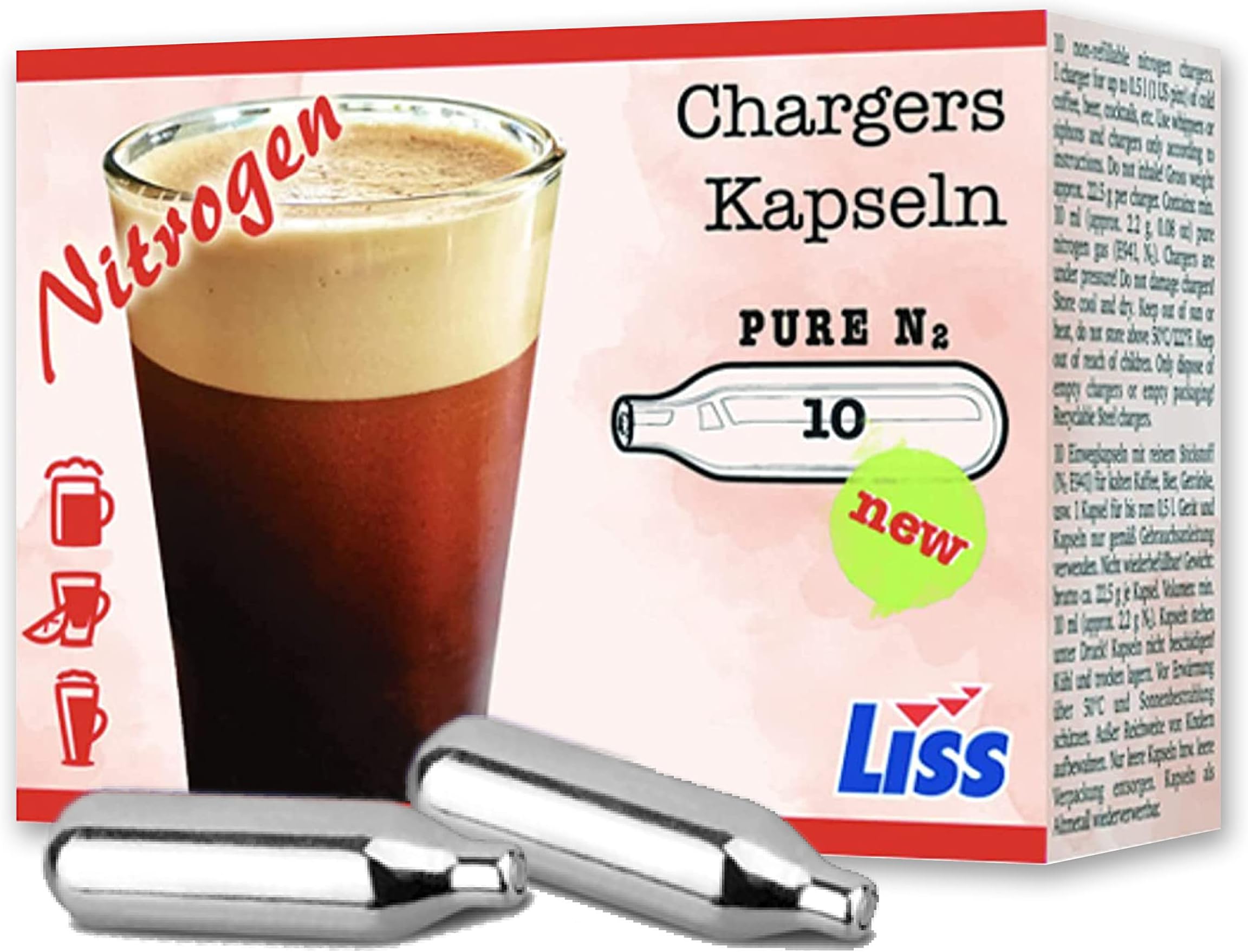 Liss Pure Nitrogen Cartridges for Nitro Cold Brew Coffee - N2 Cartridge 10-Pack – For Use with Nitro Cold Brew Coffee Dispenser - Nitro Chargers for NCB Coffee, Cocktails, Tea - 2 gram Cartridges