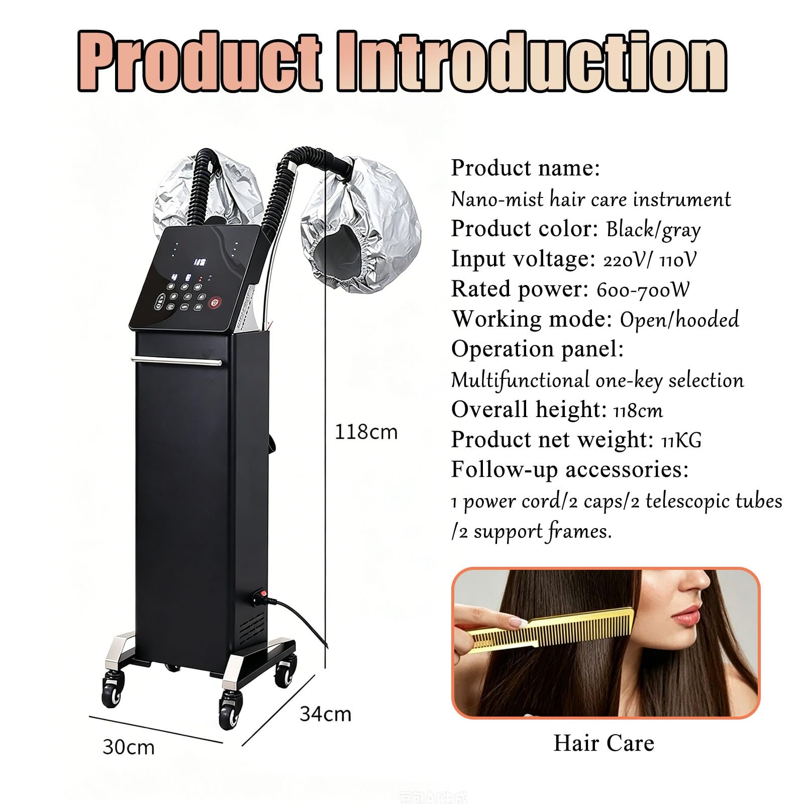 Vaporizzatore professionale for capelli nano con 2 cappucci vaporizzatori, macchina for il trattamento dell'olio di ozono con micro nebulizzazione da 700 W(Black)