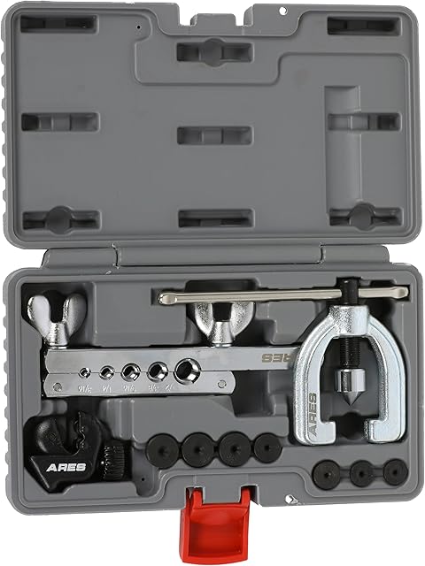 ARES 18019 - Double Flaring Tool Set with Extra Adapters- Use on Copper, Aluminum, Soft Steel Brake Line and Brass Tubing - Includes Mini Tubing Cutter and Storage Case
