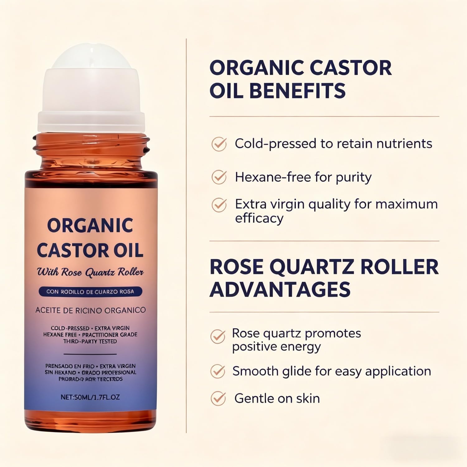 Organic Castor Oil with Rose Quartz Roller, Pure Organic Cold-Pressed Castor Essential Oil Roller Ball,Deep Hydration & Smoothing, Suitable for All Skin Types (1) — view 4