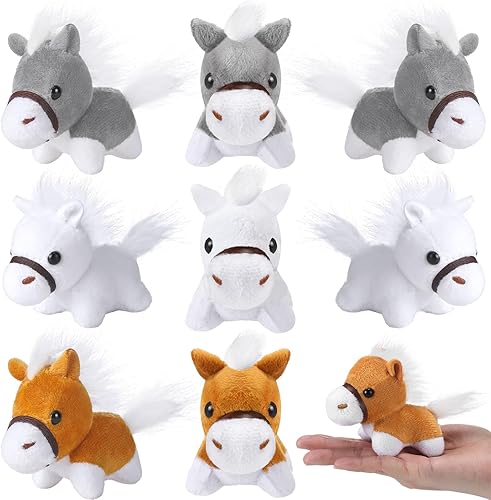 Miniatura 7 de Zomiboo Paquete de 9 animales de peluche de caballo de peluche de pie de 4 pulgadas, mini peluche con cadena desmontable para fiestas temáticas
