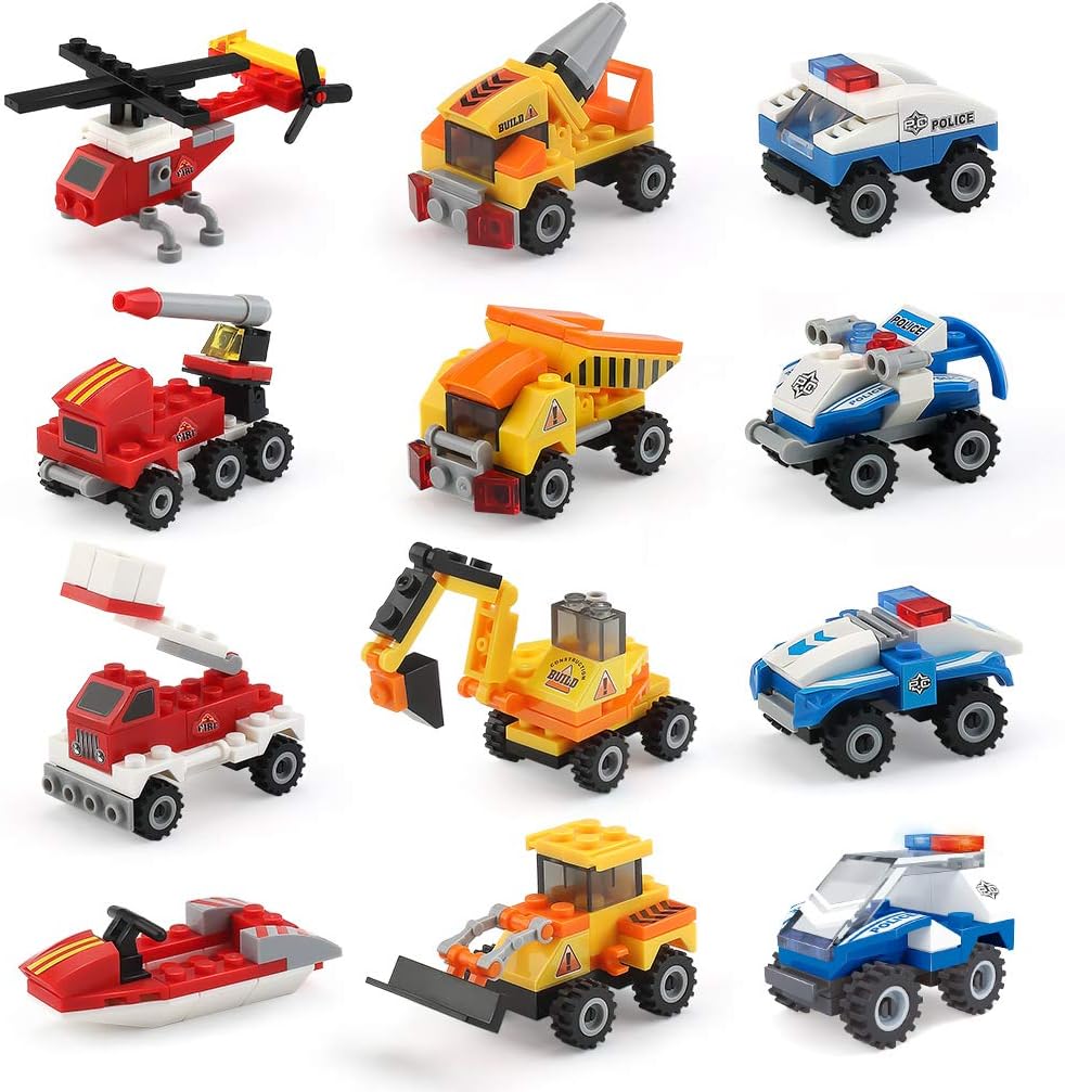 Mini Building Blocks Cars Toys Sets 12 Packs Assembly Mini Cars Toys for Boys, Girls Stem Building Car Assorted Construction Truck Fire Trucks Police Cars Party Favor Goodie Bags for Kids.