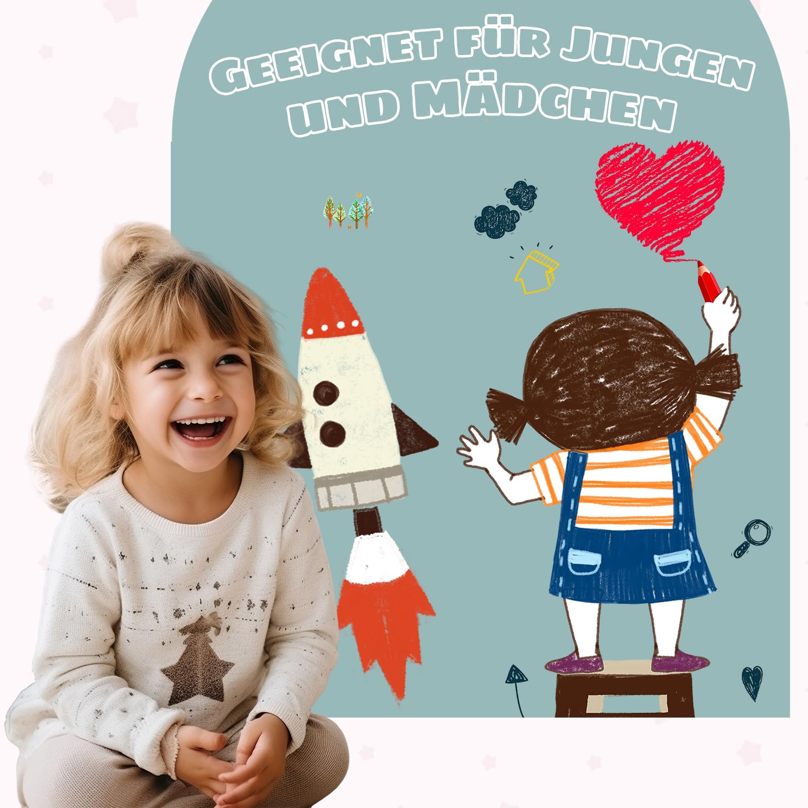 Pizarra magnética para niños, pared magnética para niños, autoadhesiva, 100 x 80 cm, en forma de arco, Montessori, lámina magnética autoadhesiva fuerte, azul porcelana