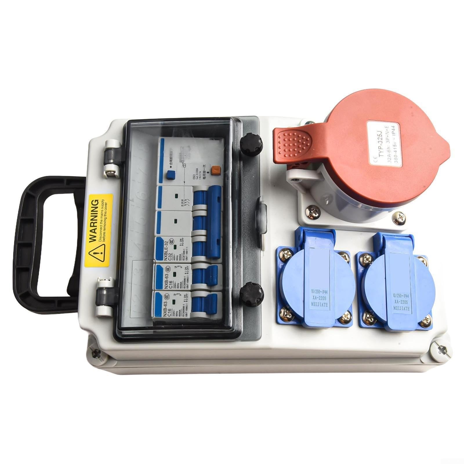 Distribuidor de corriente para construcción IP65, montaje en pared con interruptor de protección FI, 2 x para Schuko 10 A y 1 x para CEE 400 V 32 A, distribuidor exterior impermeable de ABS + PC para