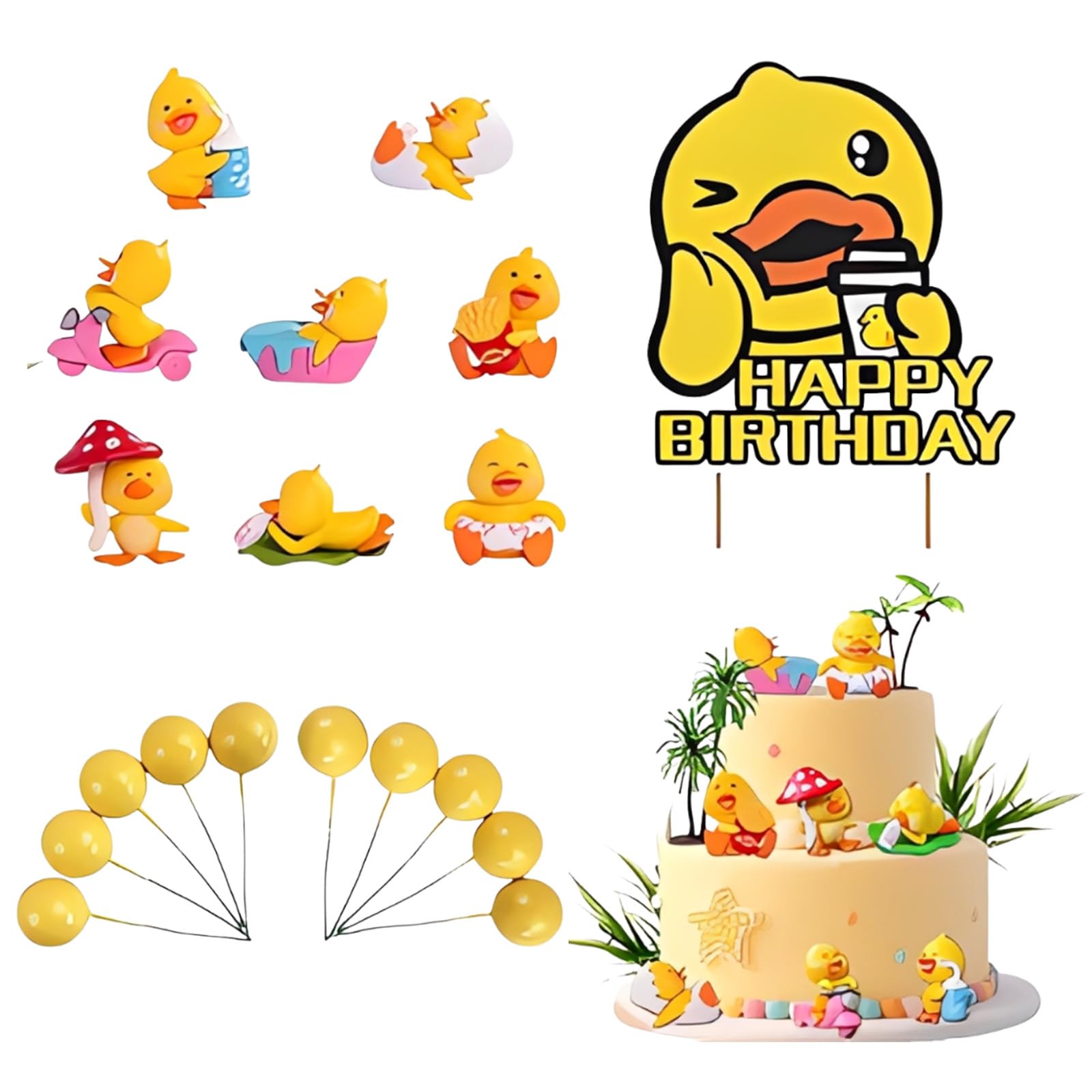 Duck Cake Topper, Duck Cake Decorations, Duck Birthday Decorations Set With Miniature Ducks And Yellow Cake Decorations, Small Rubber Ducks For Party Themes And Creative Displays, 17.1 X 15.6 Cm