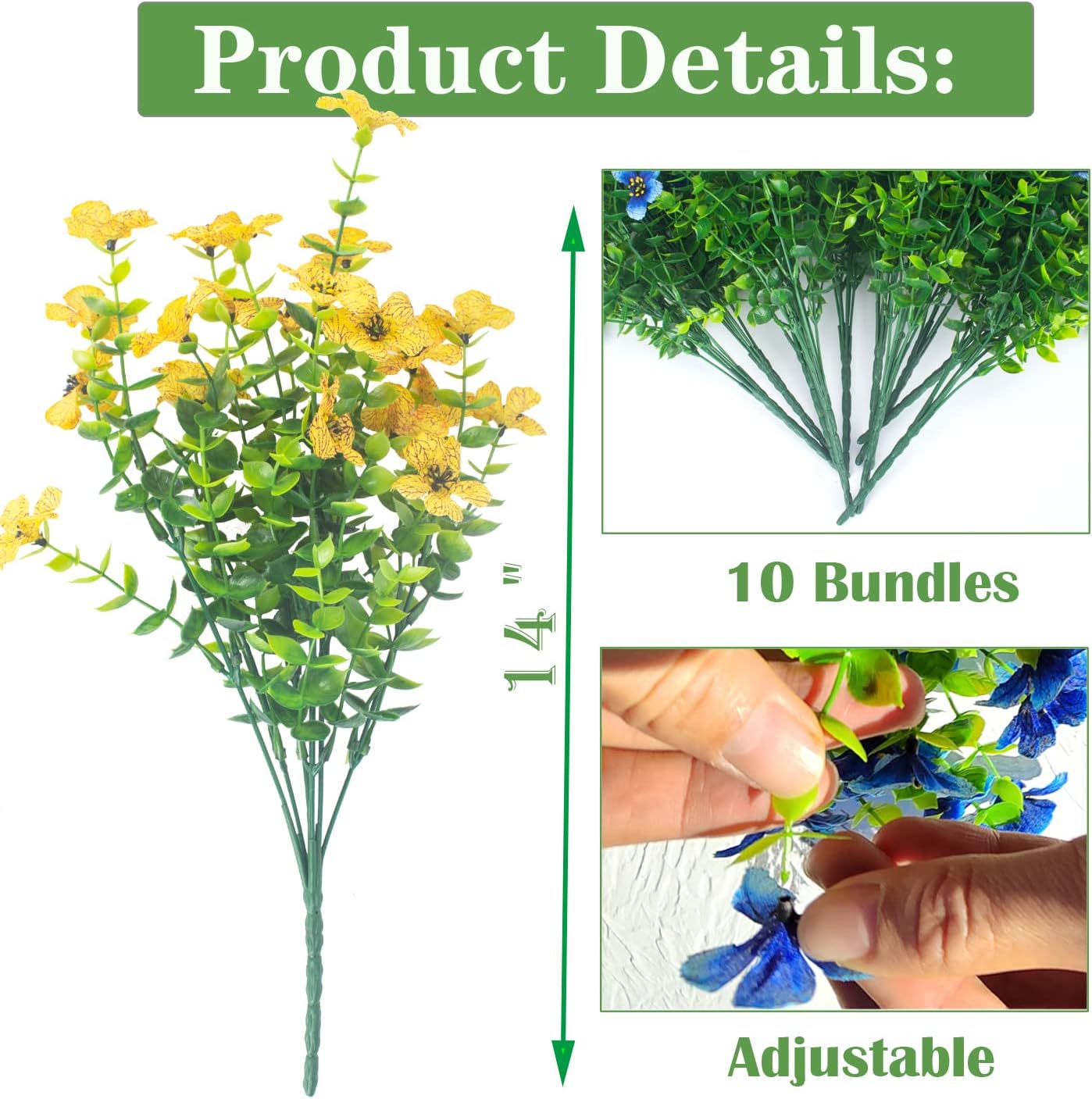 Grunyia 10 Bundles Artificial Flowers Outdoor UV Resistant Fake Flowers No Fade Faux Plants Garden Porch Window Box Decorating (Yellow)