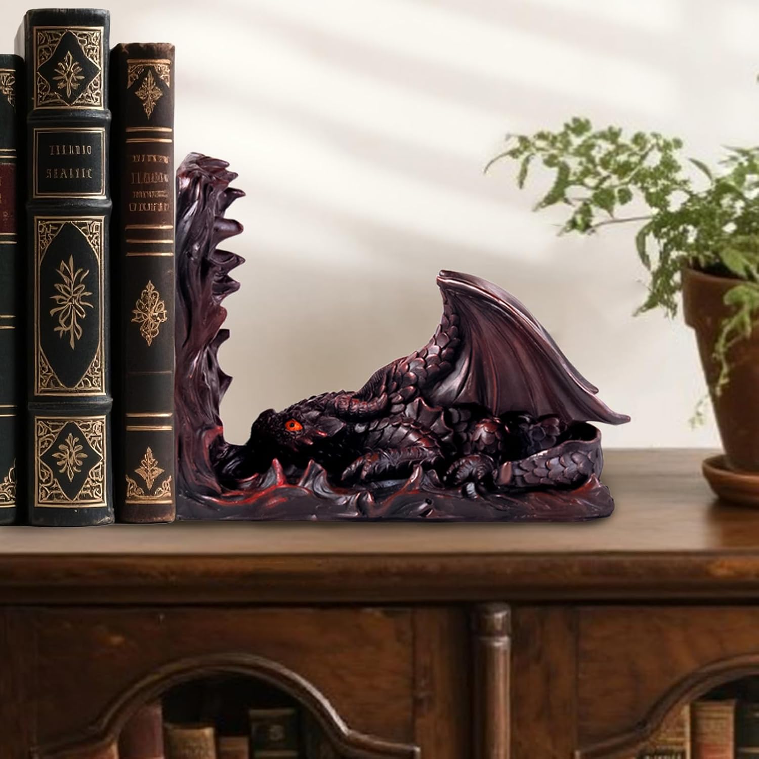 Vintage Gothic Dragon Bookends, Decorative Dragon Book Ends, Unique Fantasy Bookends for Heavy Books, Animal Fantasy Dragon Statues, Dragon Bookshelf Decor for Home Office Desk (Red) - Image 3