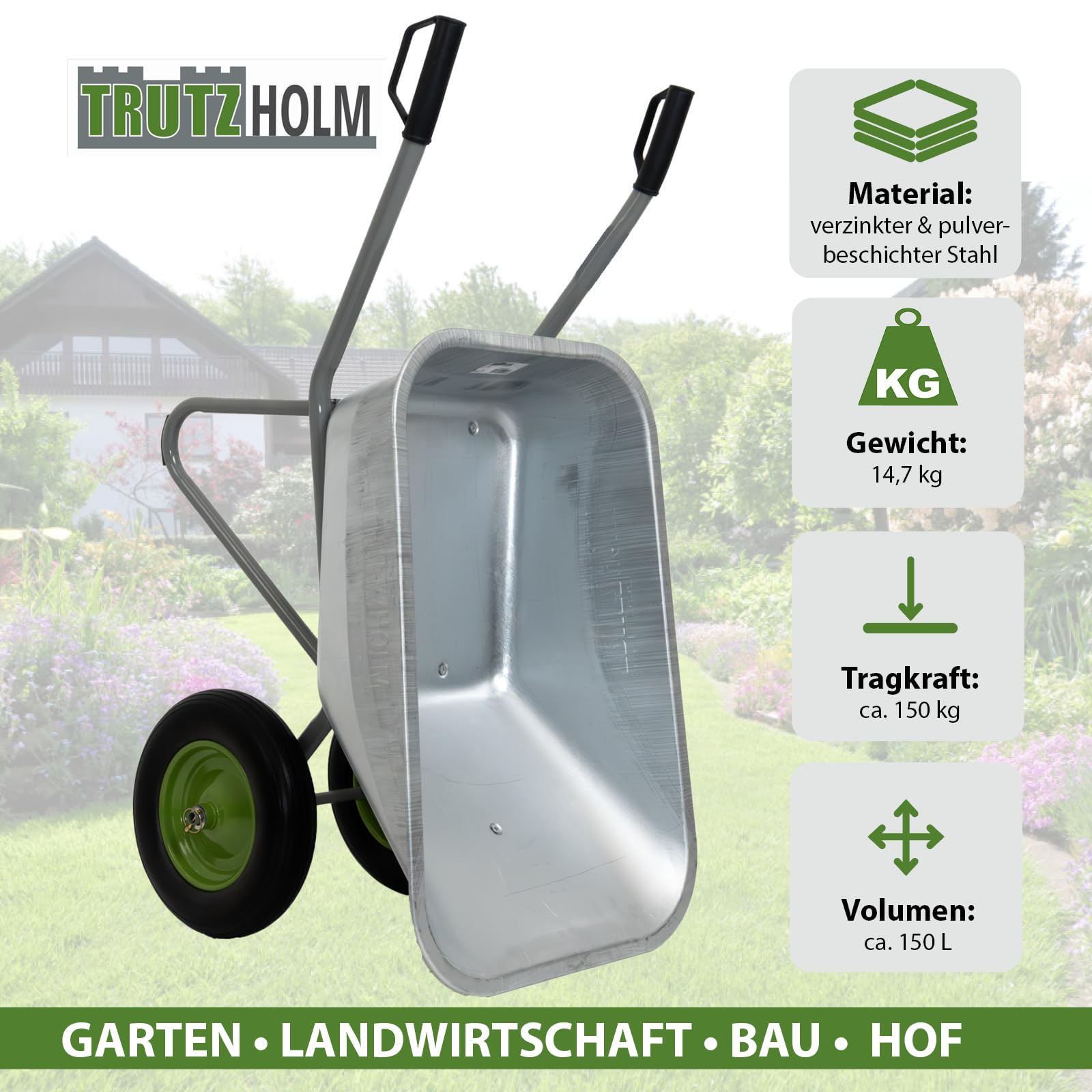 TRUTZHOLM 2-Rad Schubkarre 150L 150kg | stabile Gartenkarre Baukarre kippsicher | verzinkte Wanne | pannensichere PU-Räder | pulverbeschichteter Stahlrahmen | Sicherheitsgriffe | Zweirad