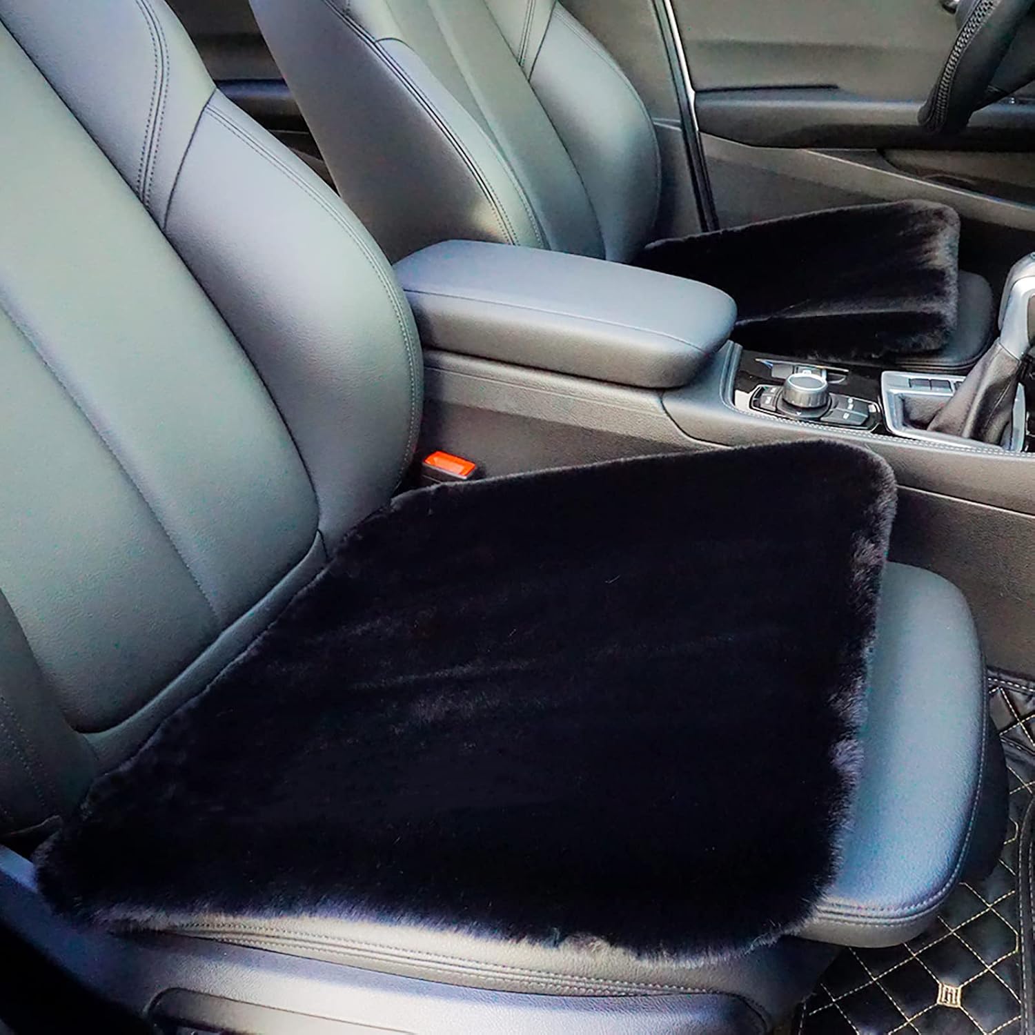 GSPSCN 2 Pack Soft Luxurious Faux Sheepskin Fur Seat Cushion Winter Warm Universal Car Interior Seat Cover (18 inch) Pad Mat Fit Auto, SUV, Truck, Office,Home Chair (Black)