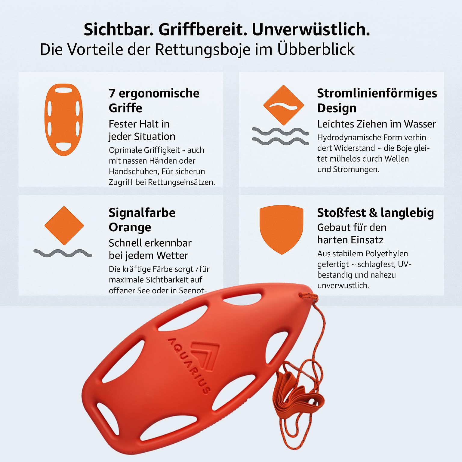 molti Rettungsboje Erwachsene 84x37cm – PRS-Zertifiziert, Freiwasser | Polyethylen, 7 Tragegriffe, verstellbarer Brustgurt, ca. 1,55 kg, leuchtend Orange, für Rettungstraining