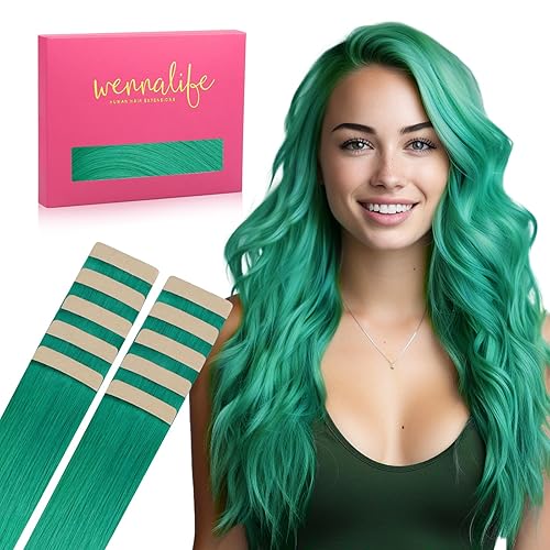WENNALIFE Extensiones de cabello humano con cinta, extensiones de cabello humano color verde, 10 unidades, 0.88 oz, 18 pulgadas, extensiones de