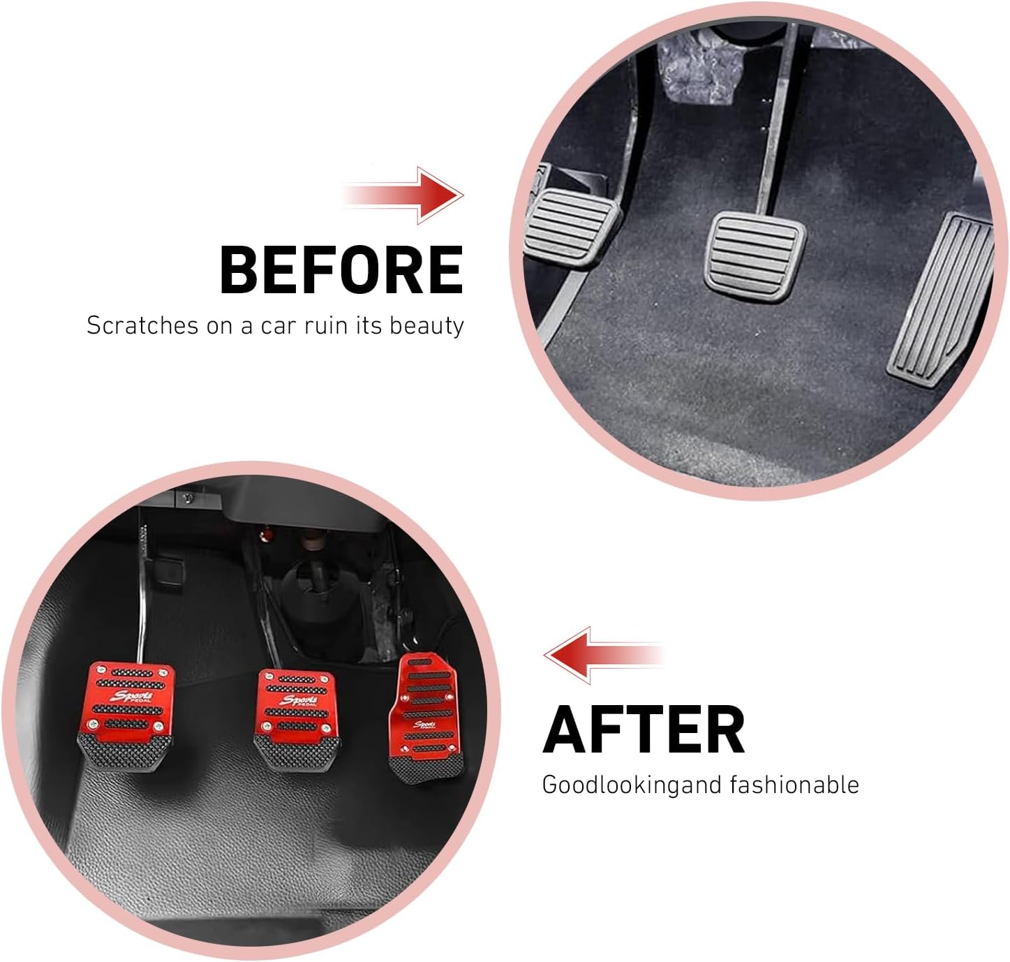 3PCS Car Non-slip Pedal Pads Set, Metal Rust-proof Striped Car Pedal Kits, Anti-rubbing Sport Gas Brake Clutch Protection Pedals, Universal for Most Manual Transmission Cars (Red)