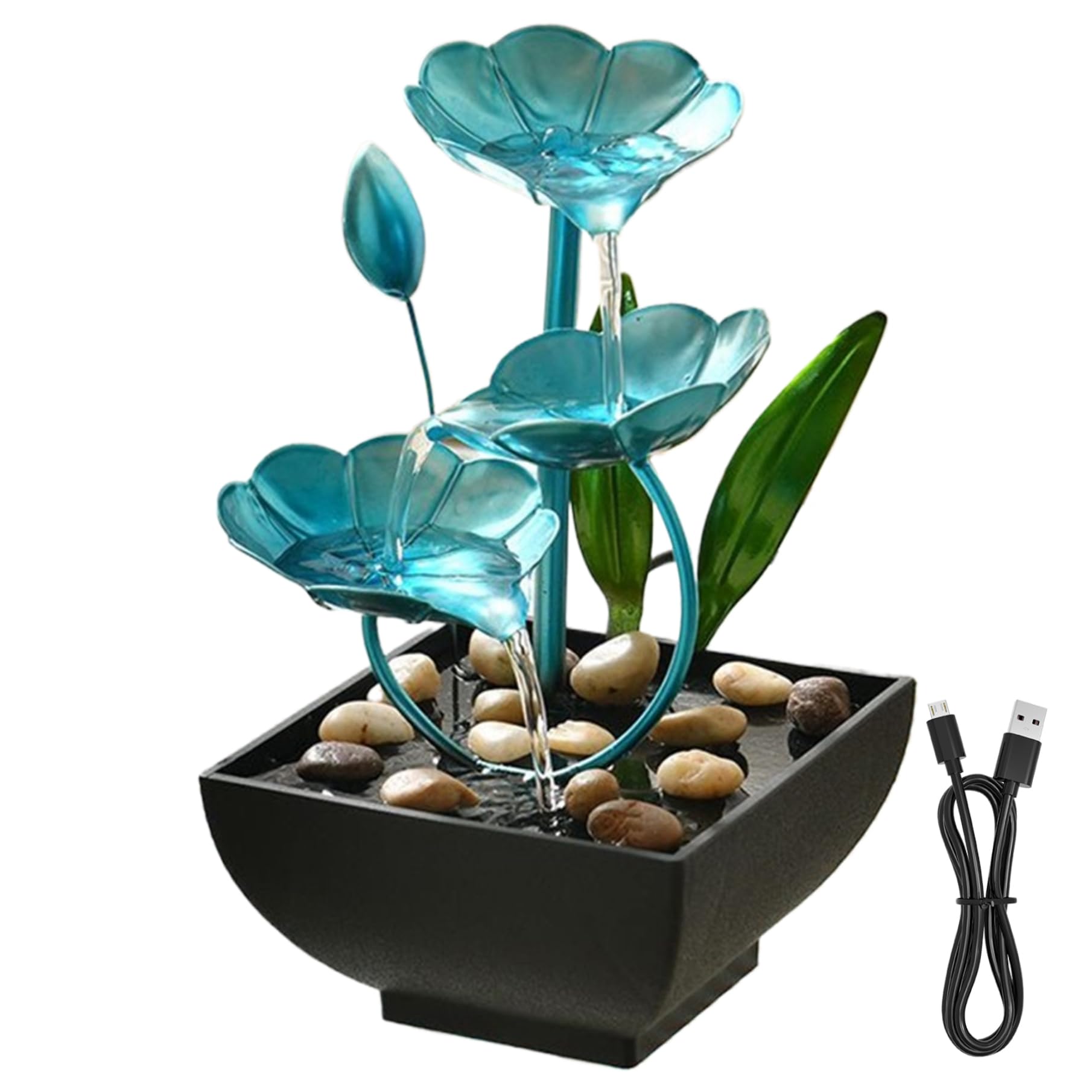 FONTA DI ACQUA CABLETOPILE 5x5x9in decorazioni di loto interno a cascata FONTAIN USB Mini Zen Rilassamento Fiore per ufficio, soggiorno, camera da letto (blu)