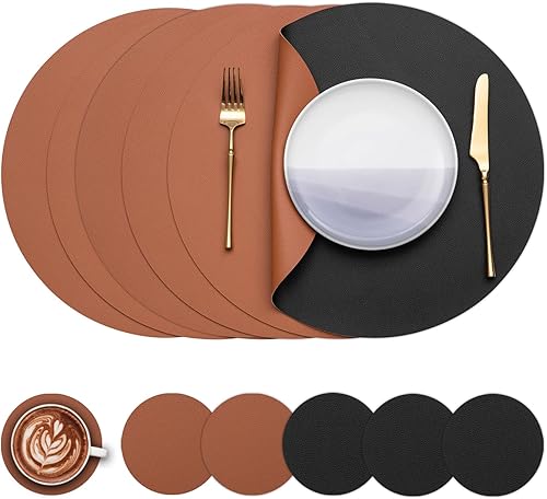 Miniatura 31 de Myir JUN Juego de 4 manteles individuales redondos de cuero sintético y posavasos 38 cm de diámetro para mesa redonda, manteles individuales de Gris