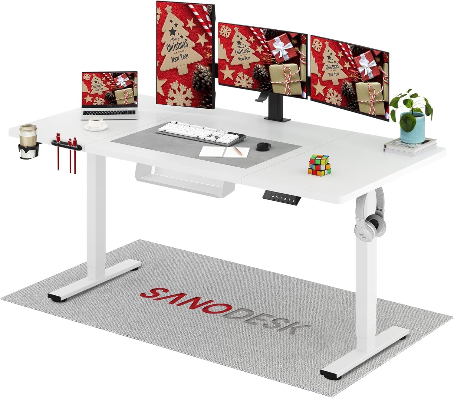 SANODESK 180 * 80 Electric Standing Desk Height Adjustable Desk with Cable management Tray Sit Stand Table with 4 Memory Smart Pannel, Hooks and Cupholder for Home Office