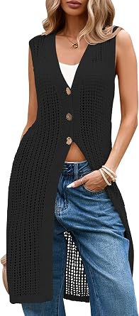 Cakulo Womens Long Crochet Vest Sleeveless Duster Cardigan