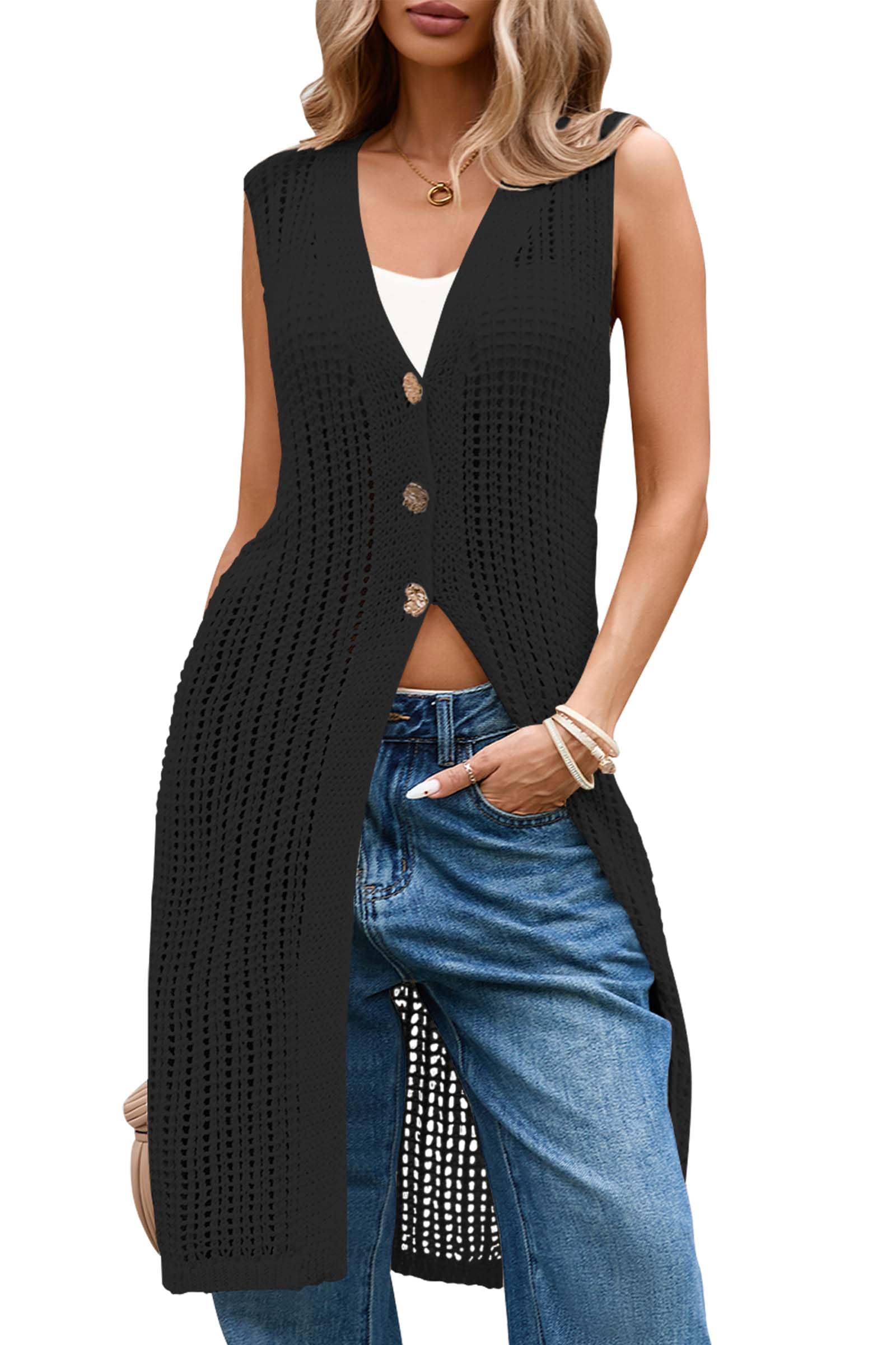 Cakulo Womens Spring Summer Crochet Cardigans Beach Cover Up Boho Sleeveless Long Sweater Vest Tops 2026