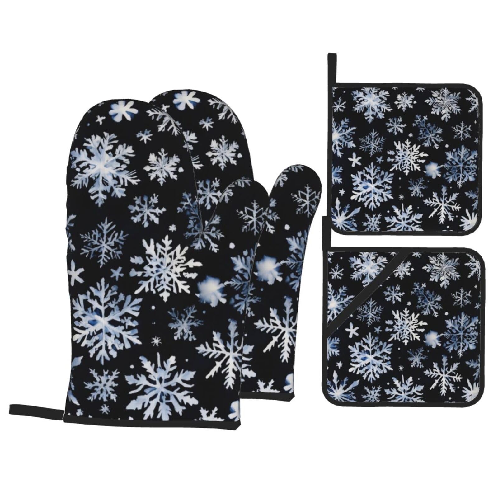 Snowman Stars and Snowflakes Print 4-Piece Heat-Resistant Oven Waterproof Kitchen Gloves Cooking Roasting Essential
