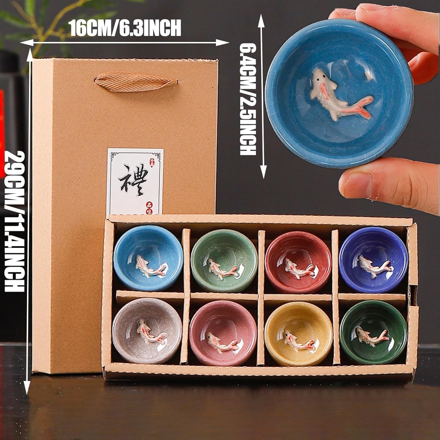 8 Pieces Korean Soju Shot Glasses Sets Porcelain Tea Cups, Portable Soju Ceramic Cup, Tea Cup Set Carry 8 Koi Fish Ice Cracked Glazed Tea Cups, Cute Shot Glasses for Travel, Home,Outdoor and Office