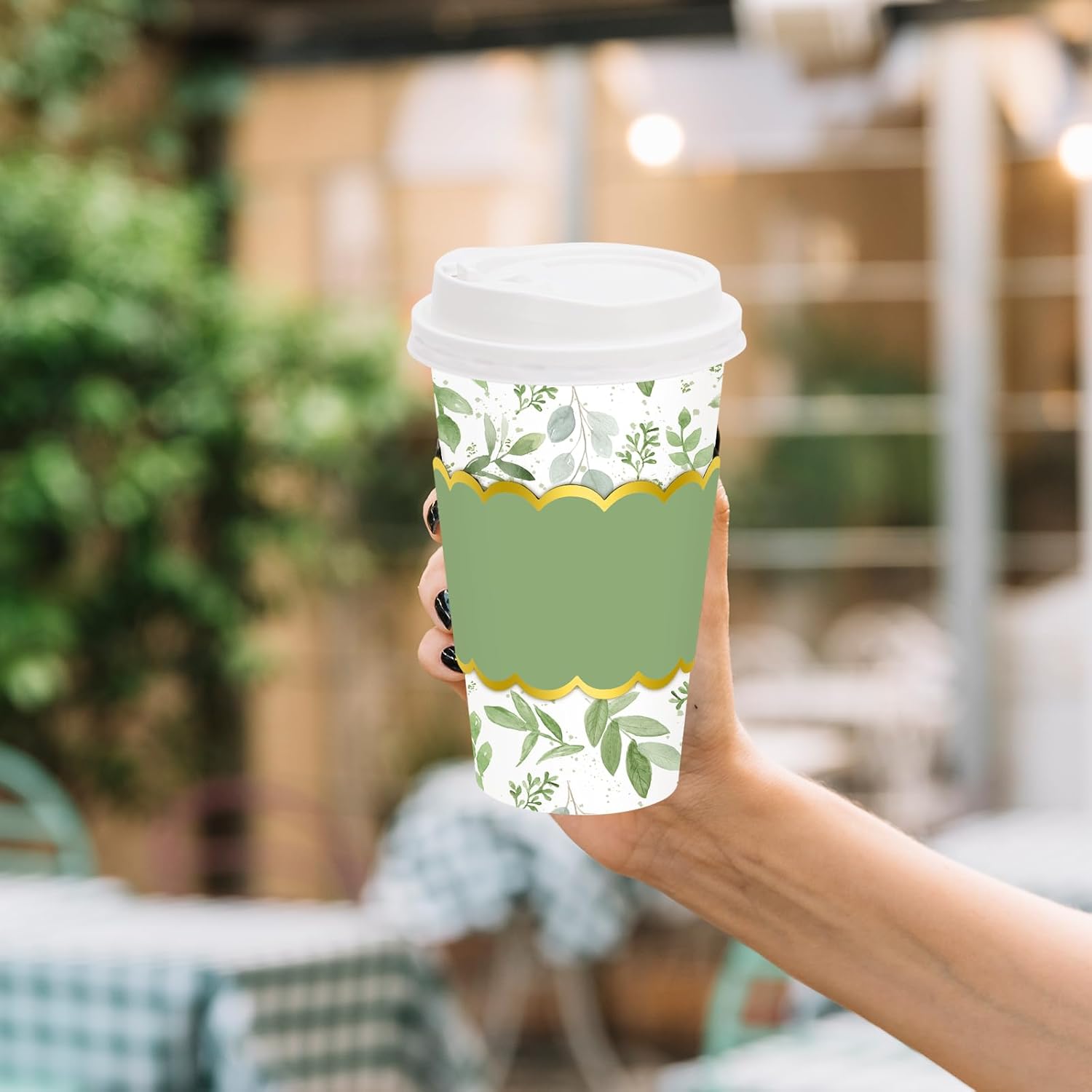 JarThenaAMCS 50Pcs Greenery Coffee Cups with Lids Sleeves 16oz Green Eucalyptus Leaves Paper Cups Disposable To Go Coffee Cups for Wedding Cafes Shops Cappuccino Chocolate Beverage Cocoa - Image 6