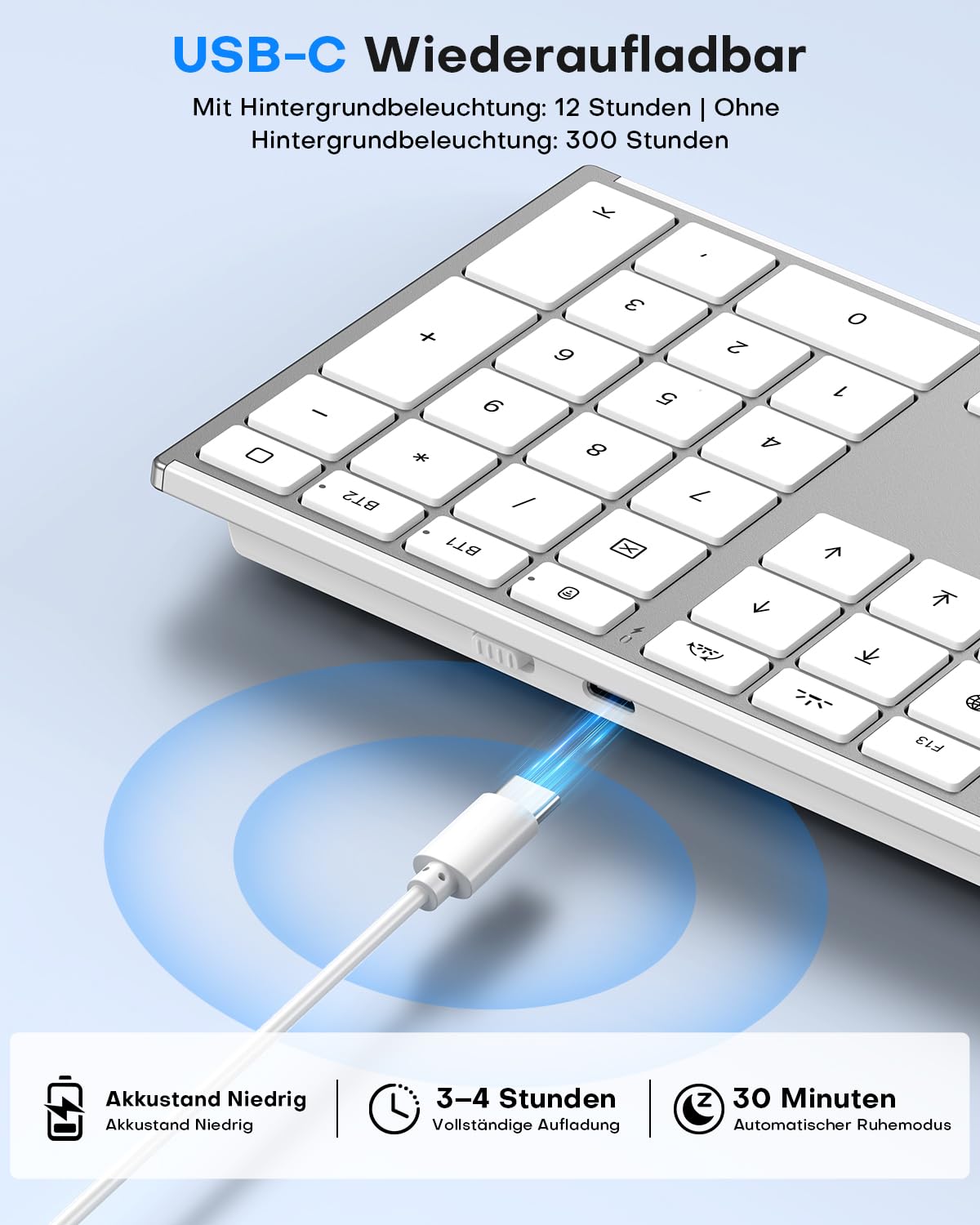 OMOTON Aluminium Kabellose Mac Tastatur, 2.4G & Dual-Bluetooth (BT1/BT2), Beleuchtete Tastatur für Apple MacBook Pro/Air, iMac, Mac mini, ultradünn, wiederaufladbare leise QWERTZ, Silber