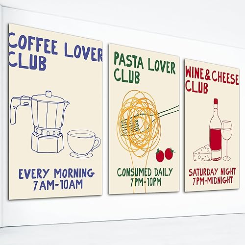 Divertido póster de lienzo de cocina, arte de pared retro del club amante del café, imagen adorable del club de amantes de la pasta, pintura vintage