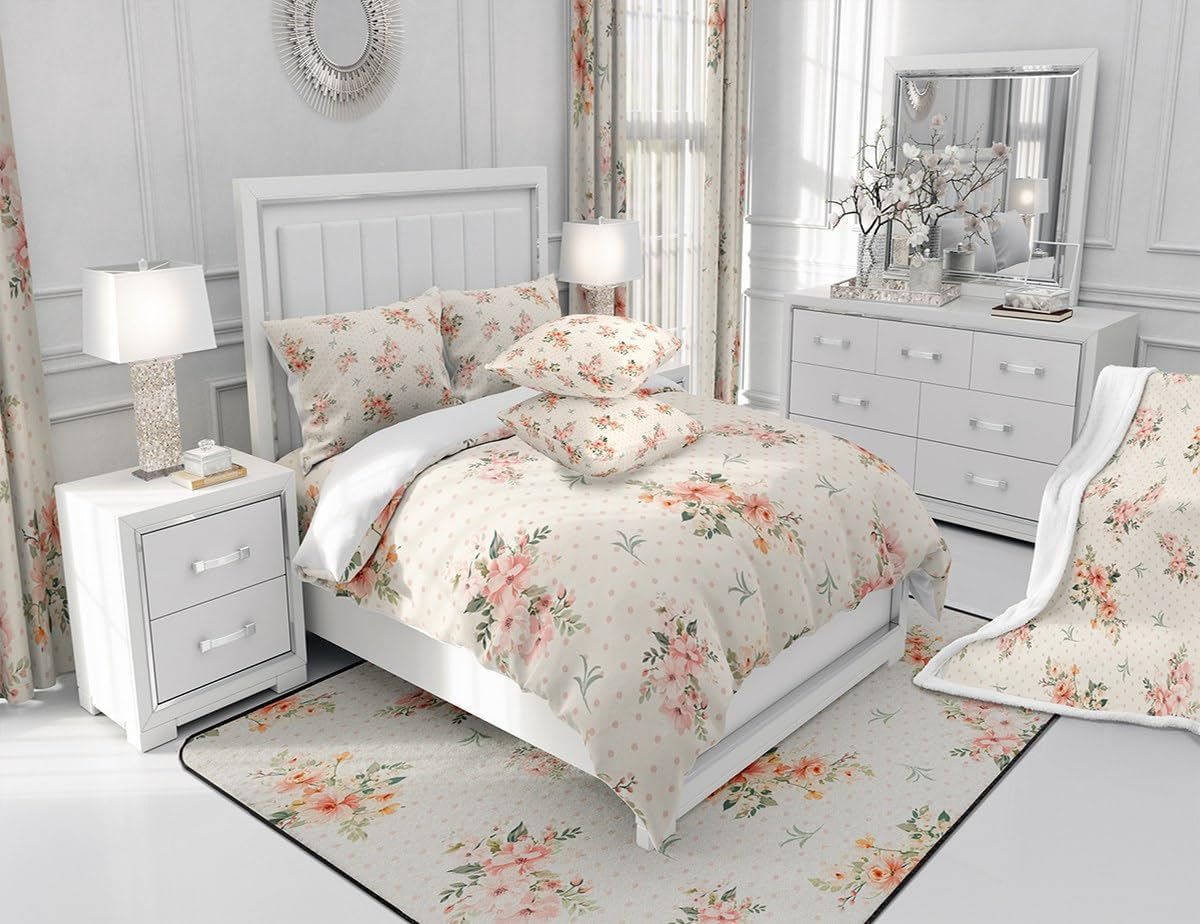 Feelyou Flowers Bedding Set Botanical Floral Flowers Blossom Comforter Set for Girls Women Ultra Soft Flower Pattern Comforter Natural Theme White Red Duvet Set Room Decor Twin with 1 Pillow Case