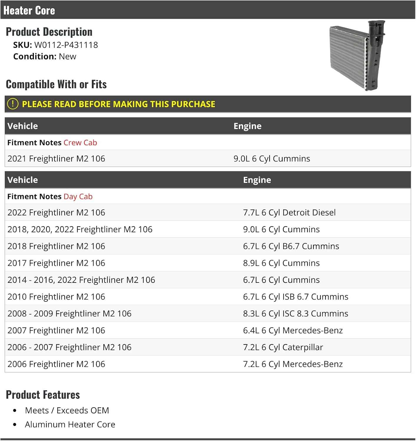 Heater Core - Compatible with 2006-2010, 2014-2018, 2020-2022 Freightliner M2 106