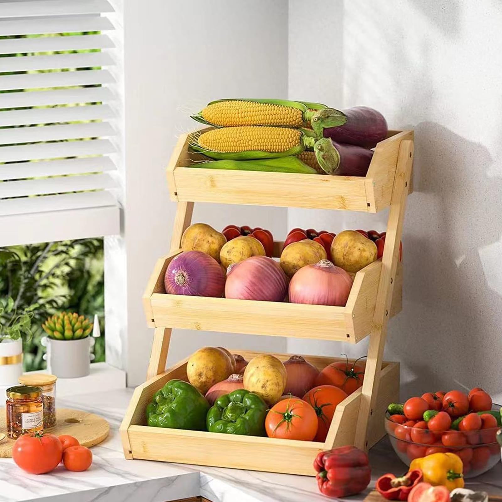Scolapiatti in legno per frutta e verdura, da cucina, per rinfrescare prodotti e piatti, in legno, naturale, per frutta, verdura e utensili con design salvaspazio