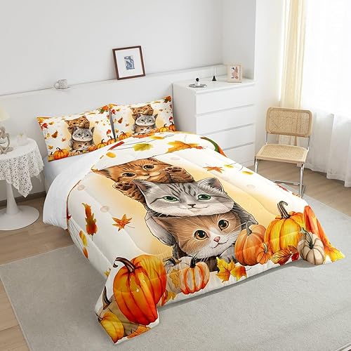 Miniatura 4 de Erosebridal Juego de edredón de gatos lindos para niños, juego de ropa de cama de calabaza y hoja de arce para niñas y niños, juego de edredón de