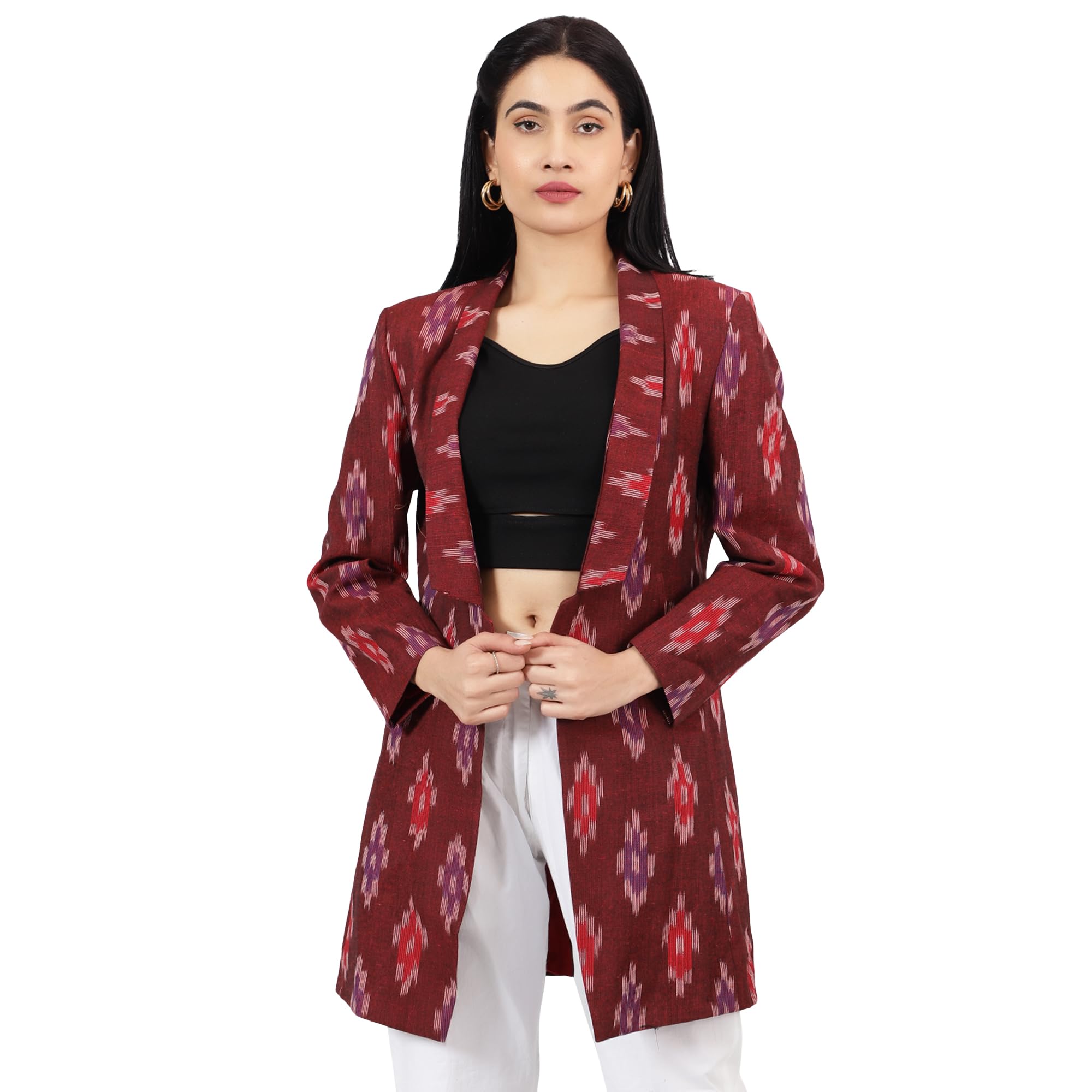 Womens Ikat Red Cotton Blazer-image-29