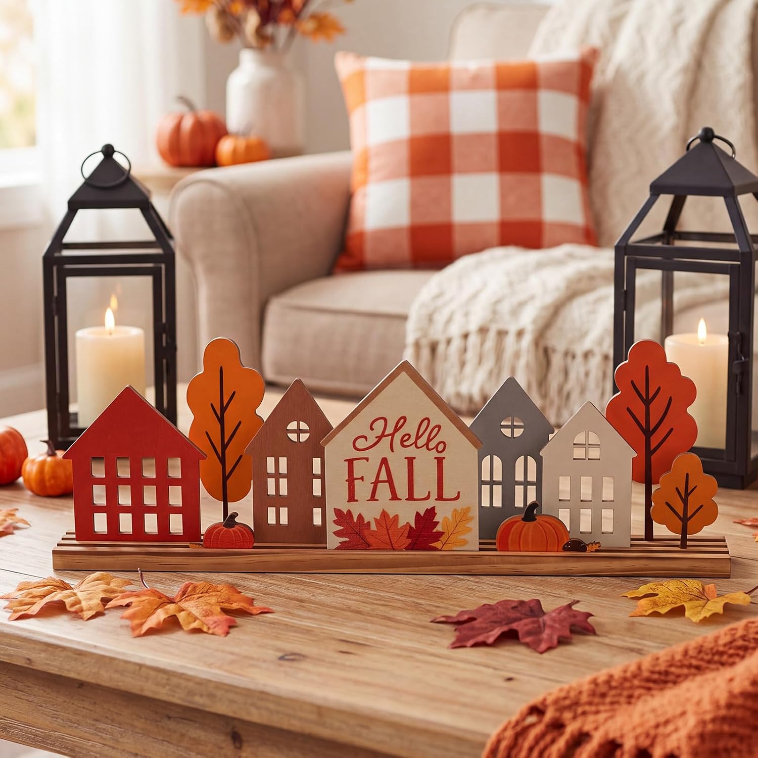 Wenqik Fall Table Decor, 3D Wooden Autumn Village, 15.75 Inch