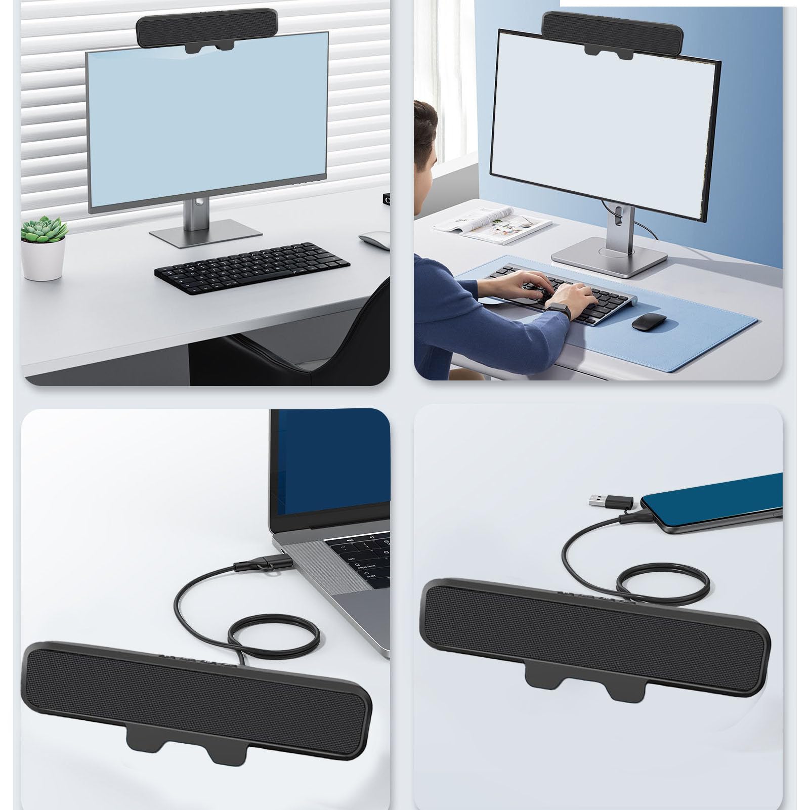Altoparlanti per Computer per PC Desktop, Clip on, 10 W | Doppi Driver da 1,4 Pollici, Apertura A Morsetto da 1,97 Pollici, Design Salvaspazio, Alimentazione USB A e C
