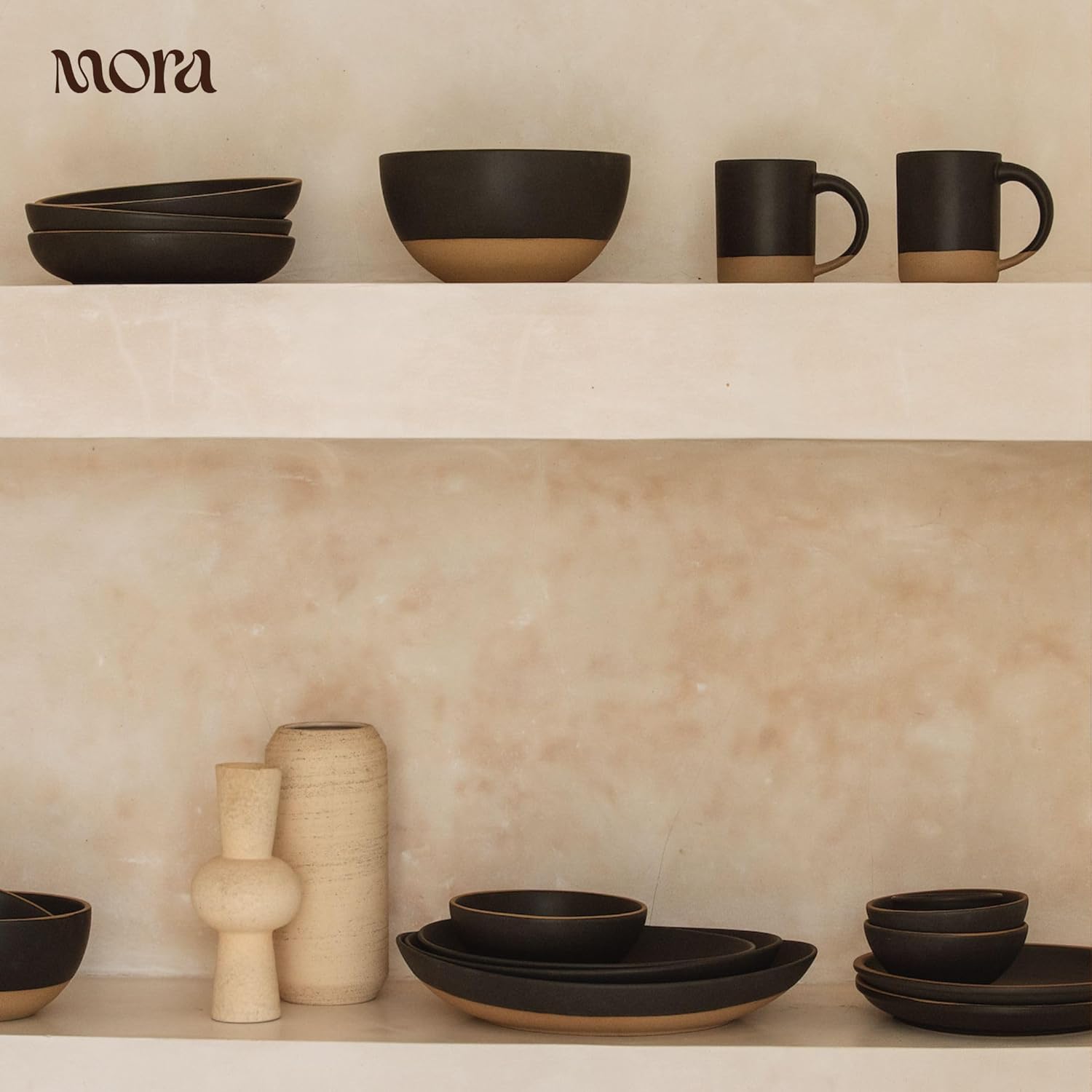 MORA Medium Dishes Set of 4, 30oz Ceramic Pottery Pasta Plate/Wide Bowls - Microwave, Oven and Dishwasher Safe - Liquorice
