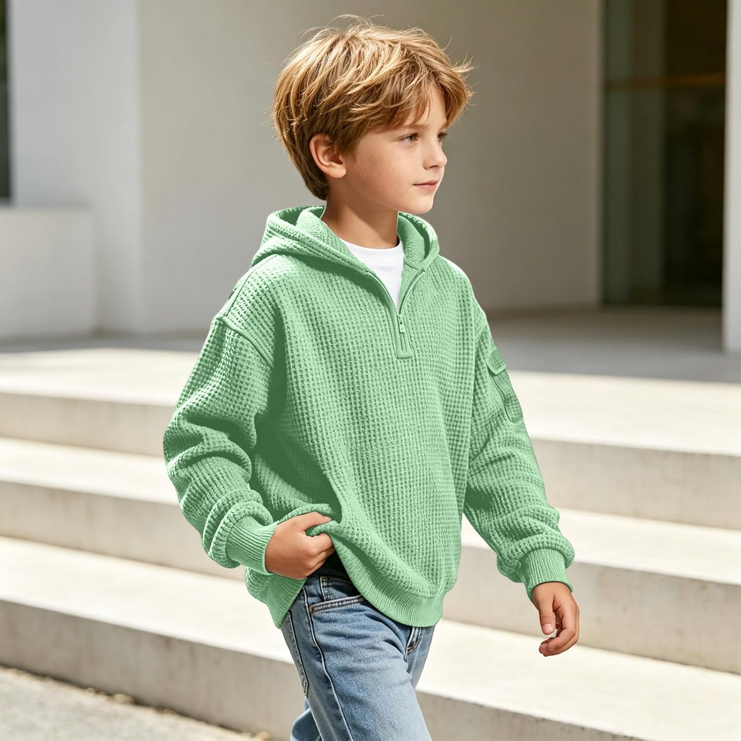 Waffle Knit Hoodies for Boy Fall Long Sleeve Quarter Zip Hooded Sweatshirt Teens Pullover Tops with Pocket