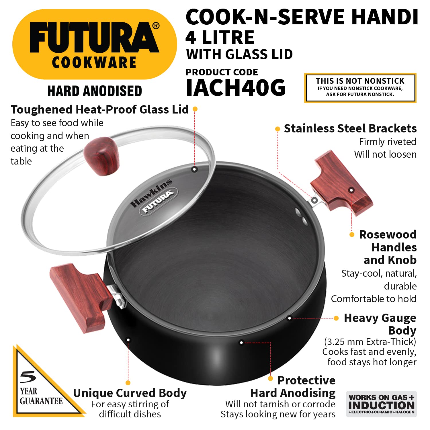 Hawkins Futura 4 Litre Cook n Serve Handi, Hard Anodised Biryani Handi with Glass Lid, Induction Saucepan, Sauce Pan, Black (IACH40G)
