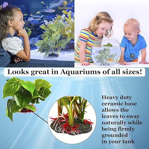 Miniatura 6 de SunGrow Planta de hojas de plástico, base de cerámica resistente, escondite para peces, betta, pez ángel, peces dorados, rana, pitón, reptiles,