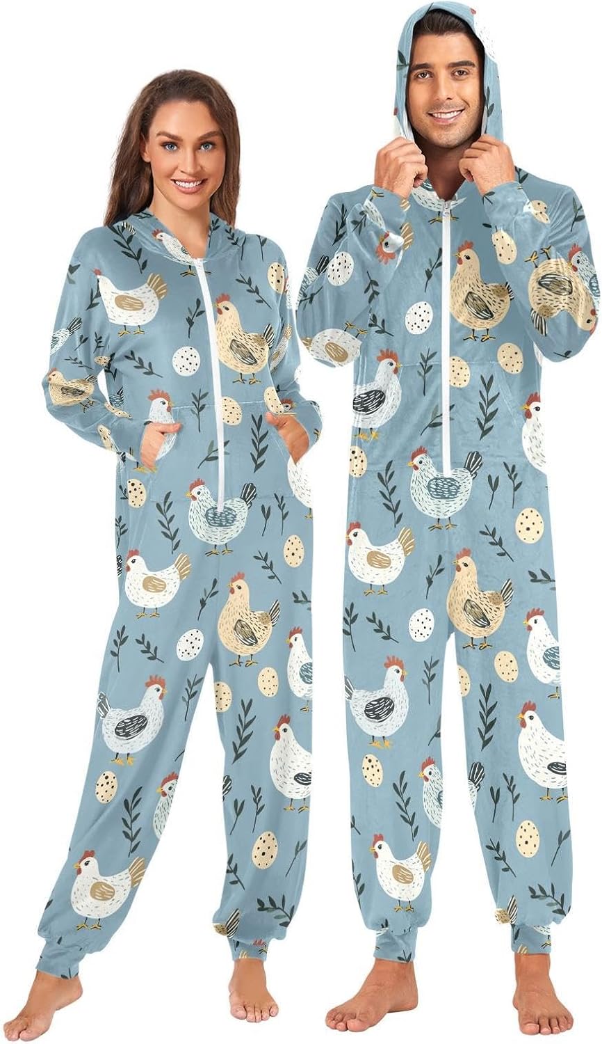 ZZKKO Blue Farm Hens Eggs Adult Onesie Pajamas for Women Men Cozy One Piece Pajamas Costume Zip-Up Hooded S-XL