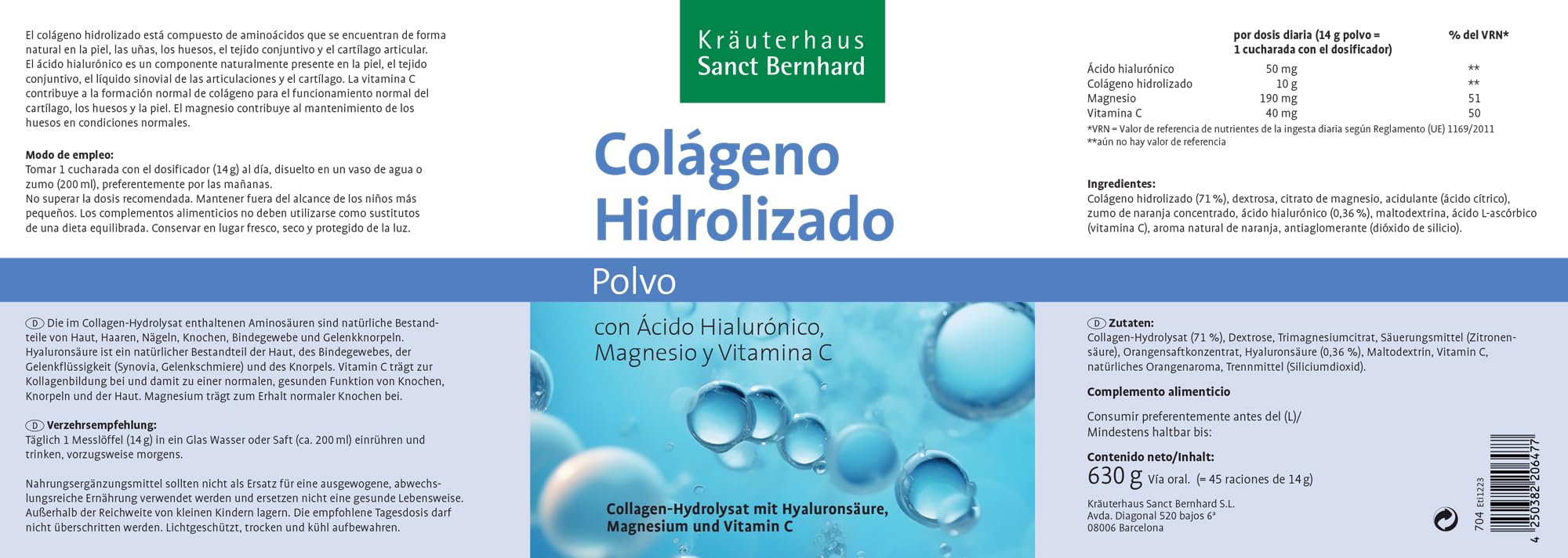 Colágeno hidrolizado con magnesio, ácido hialurónico y vitamina C – Para huesos, articulaciones, piel y cartílagos – Contribuye a la formación y mantenimiento del colágeno | 630 g en polvo