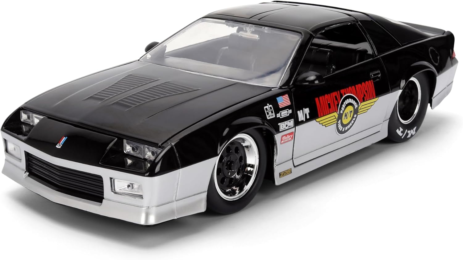 Jada Toys Bigtime Muscle 1:24 1985 Chevy Camaro Mickey Thompson Die-cast Car – Opening Doors, Hood, Trunk, Rubber Tires(Glossy Black/Silver)